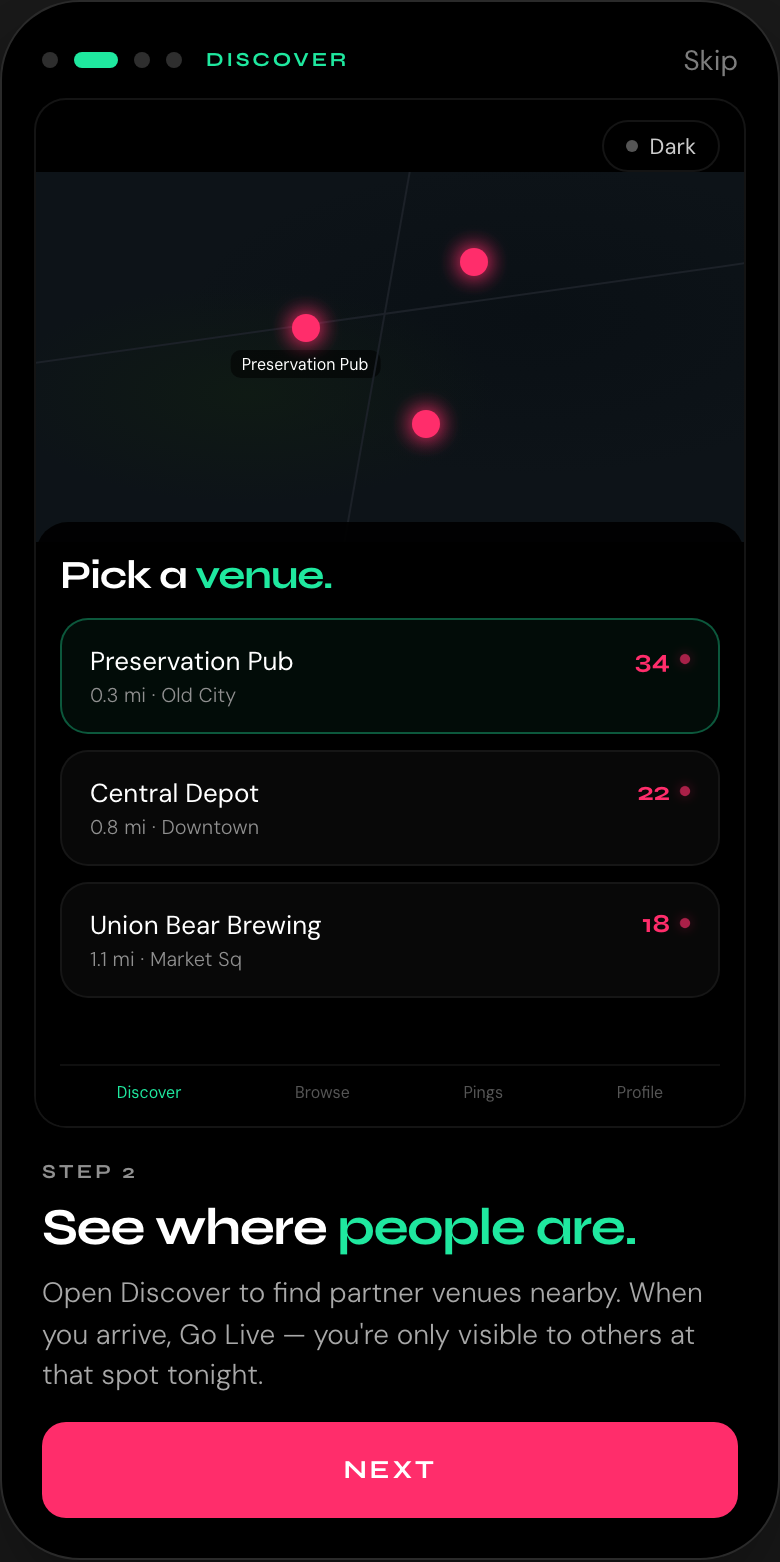 Discover map showing live partner venues