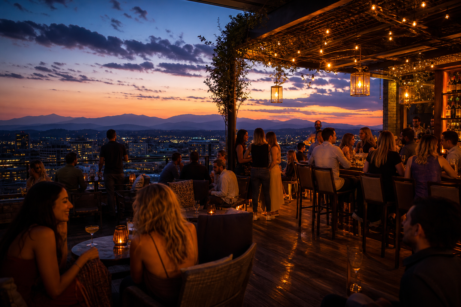 A dusk rooftop venue with warm lights and mountains in the distance